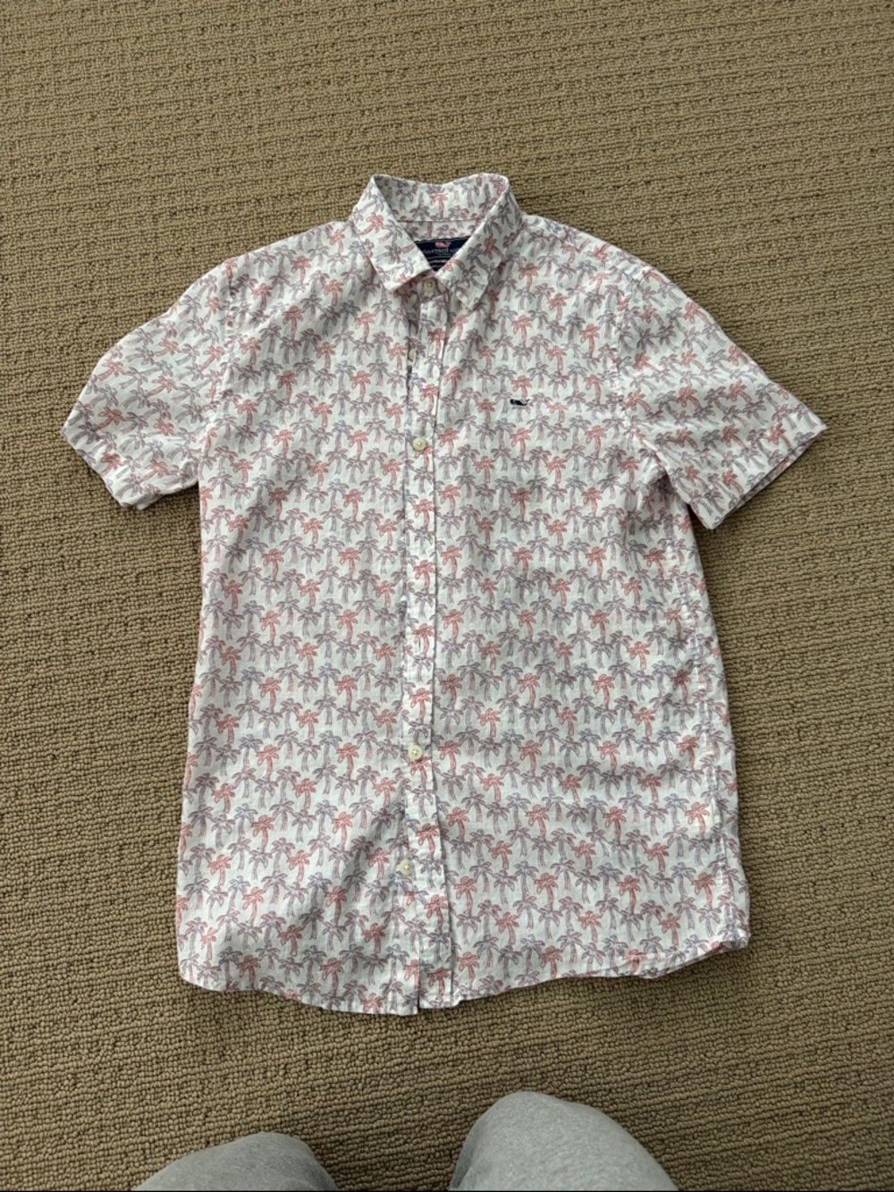 Boy’s Short-Sleeve Button-Up Shirt - White with Pink Palm Print
